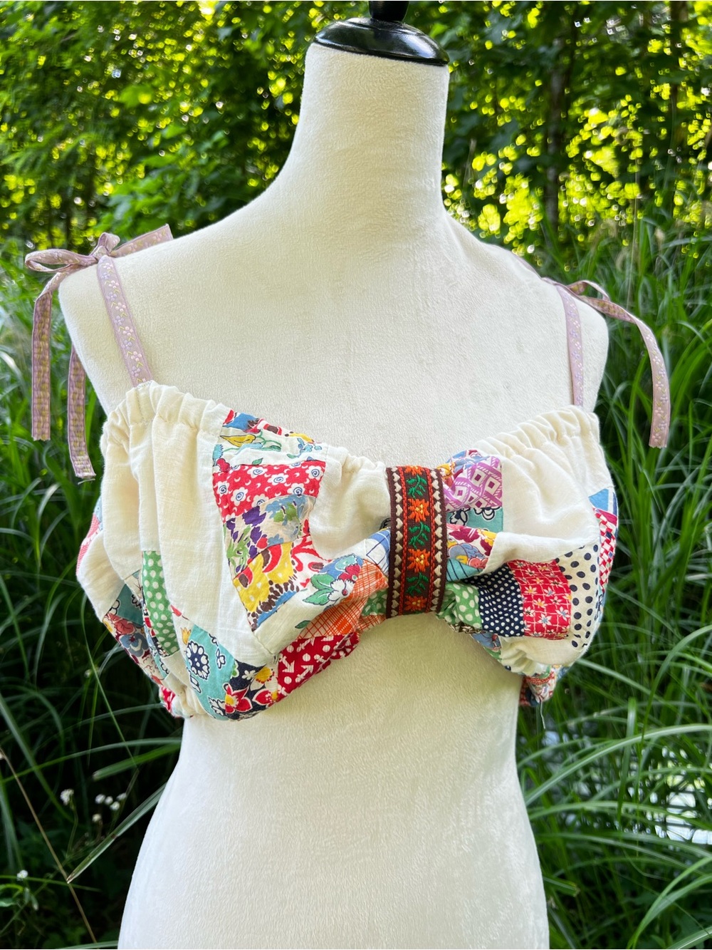 Handmade Patchwork Bow Crop Top, reworked from a vintage quilt top